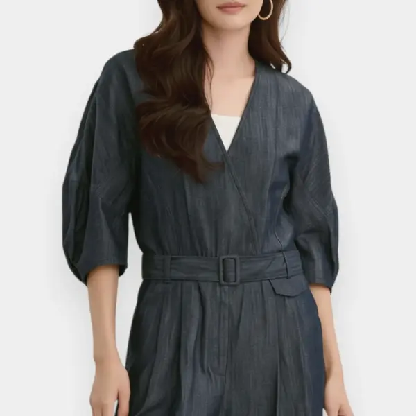 Denim V‑Neck Belted Playsuit image 3