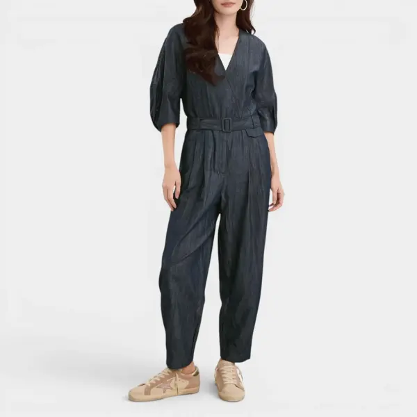 Denim V‑Neck Belted Playsuit image 0