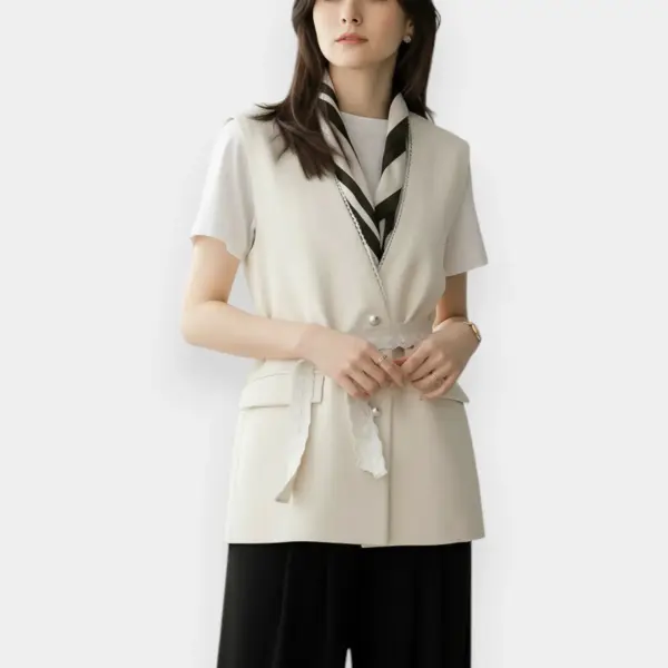 Vest with Lace Trim with Belt and Pearl Buttons / Pearl Cream / Free Size image 2
