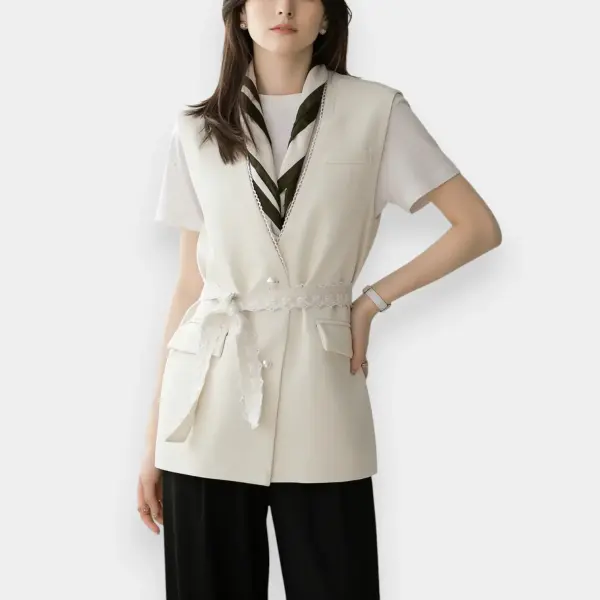 Vest with Lace Trim with Belt and Pearl Buttons / Pearl Cream / Free Size image 0
