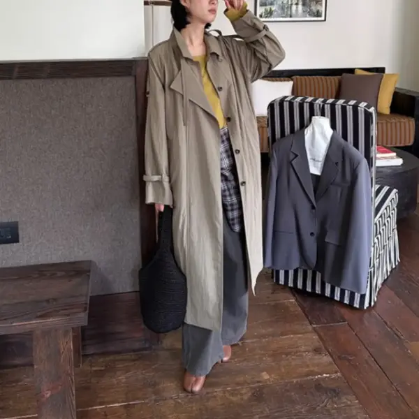 Mid‑Length Korean Loose Lapel Trench Coat image 1