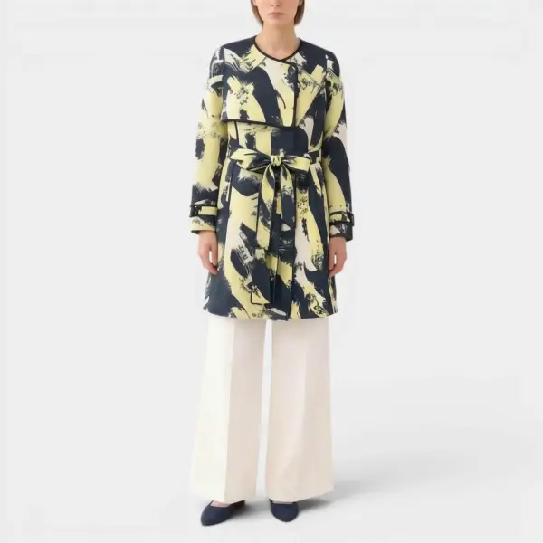 Crew Neck Hidden Button Gradient Printed Trench Coat Jacket image 1