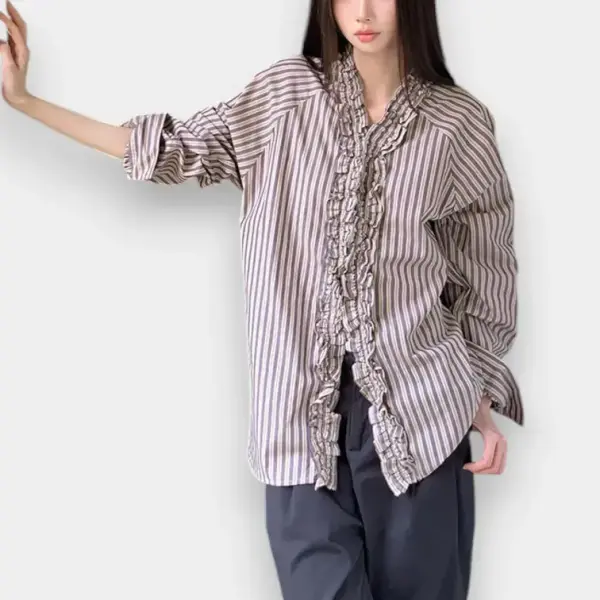 Ruffled V-Neck Striped Cotton Shirt image 1