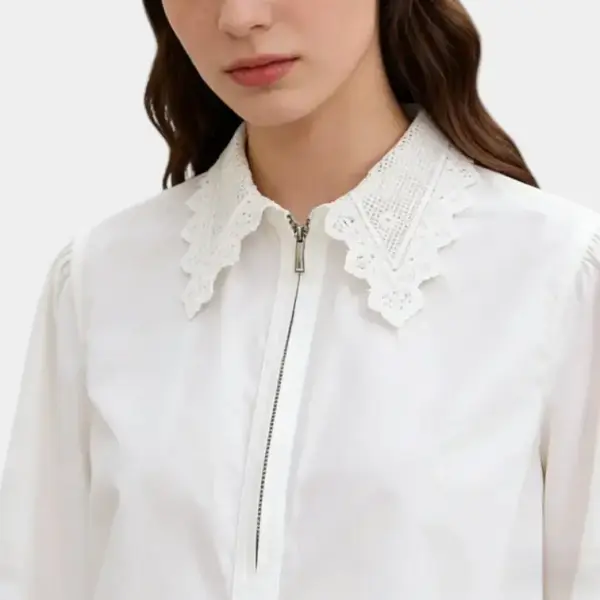 French Vintage Lace Lapel Cotton Shirt / Pure White / Free Size image 4