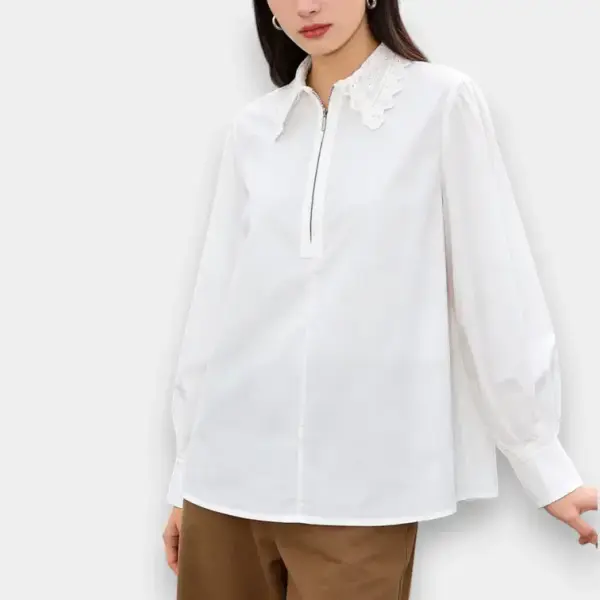 French Vintage Lace Lapel Cotton Shirt / Pure White / Free Size image 2