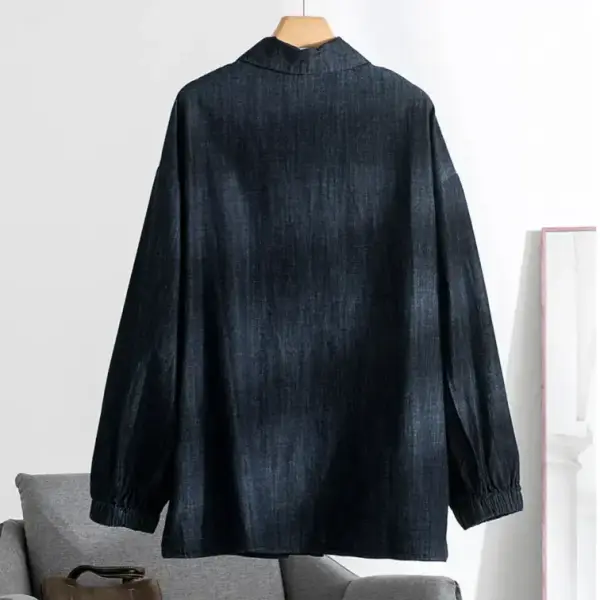 Korean Cotton Denim Lantern Sleeve Shirt / Denim Navy / Free Size image 6