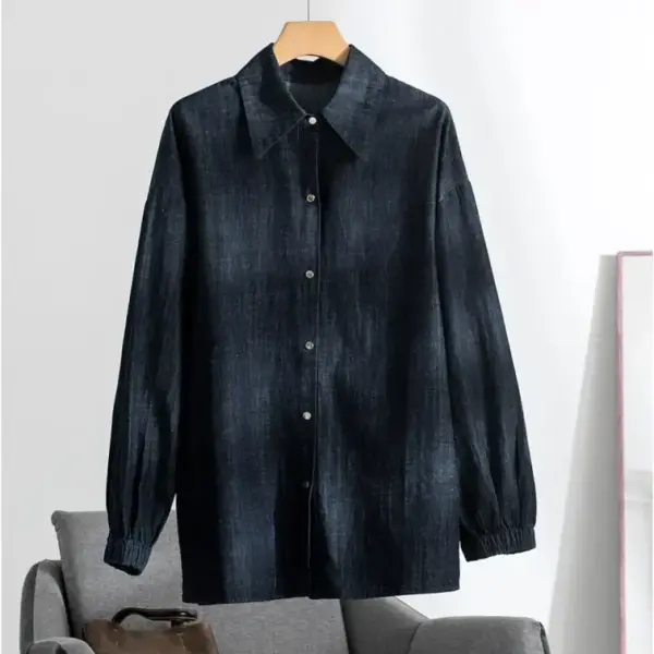 Korean Cotton Denim Lantern Sleeve Shirt / Denim Navy / Free Size image 5