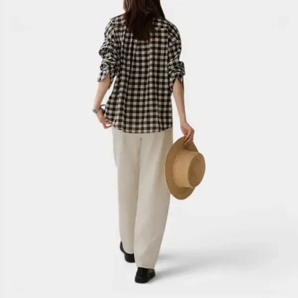 Checkerboard Cotton Casual Loose Shirt / Black Plaid / Free Size image 3