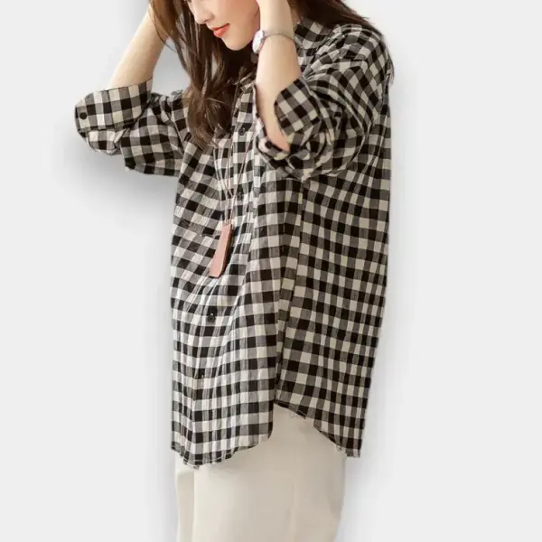 Checkerboard Cotton Casual Loose Shirt / Black Plaid / Free Size image 6