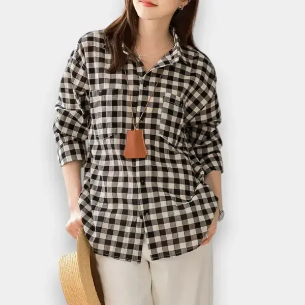 Checkerboard Cotton Casual Loose Shirt / Black Plaid / Free Size image 2