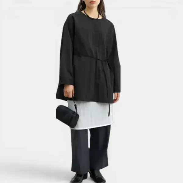 Korean Design Loose Shirt with Belt and Back Button Closure / Midnight Black / Free Size image 2