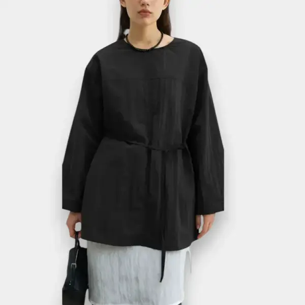 Korean Design Loose Shirt with Belt and Back Button Closure / Midnight Black / Free Size image 4
