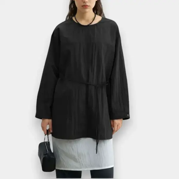 Korean Design Loose Shirt with Belt and Back Button Closure / Midnight Black / Free Size image 0