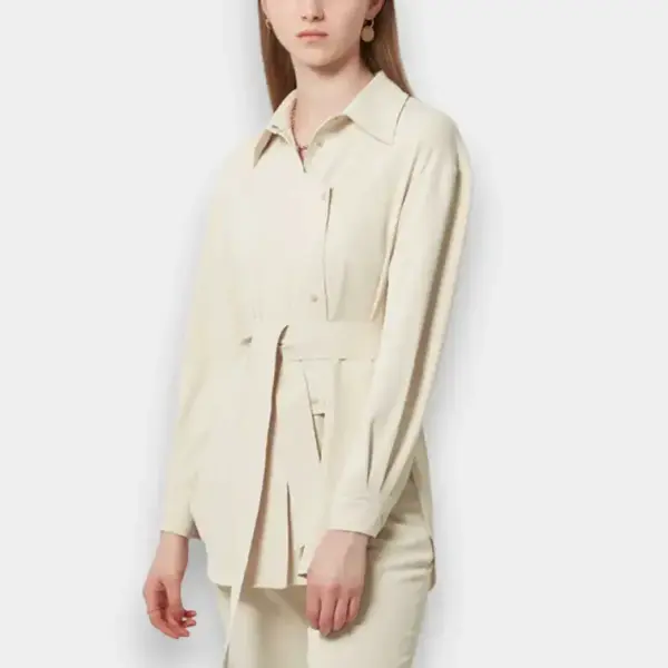 Asymmetric Button Placket Belted Long‑Sleeved Shirt image 4