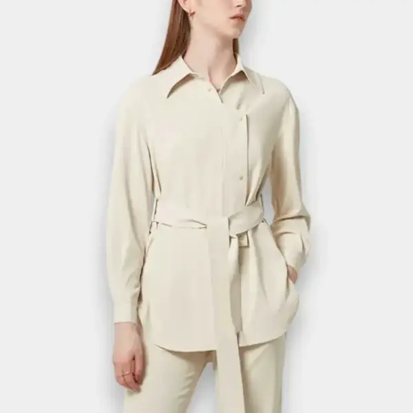 Asymmetric Button Placket Belted Long‑Sleeved Shirt image 0