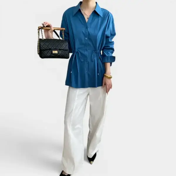 French Pointed Collar Waist Drawstring Cotton‑Blend Shirt image 1