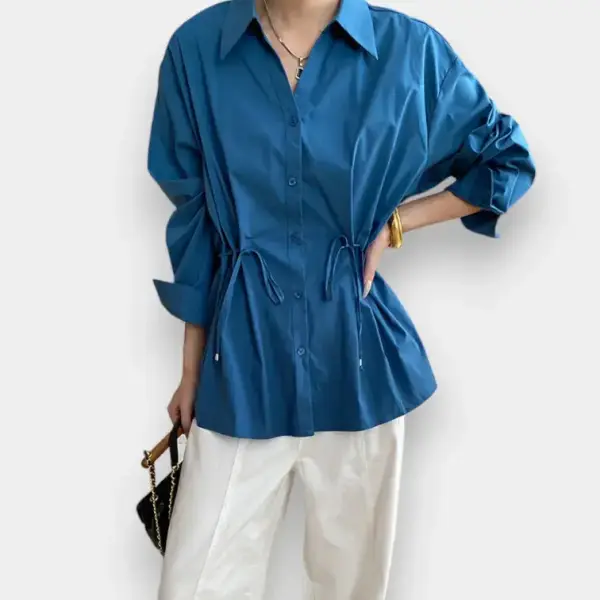 French Pointed Collar Waist Drawstring Cotton‑Blend Shirt image 2