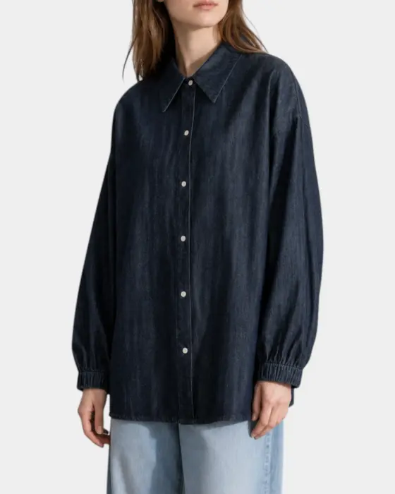 Korean Cotton Denim Lantern Sleeve Shirt / Denim Navy / Free Size image 2