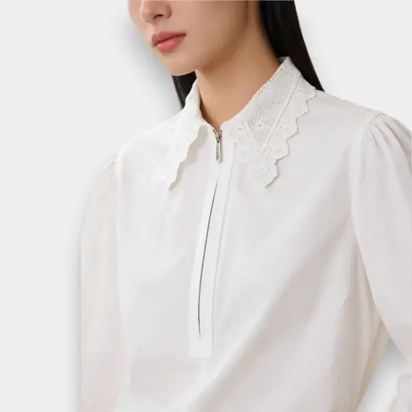 French Vintage Lace Lapel Cotton Shirt / Pure White / Free Size image 3