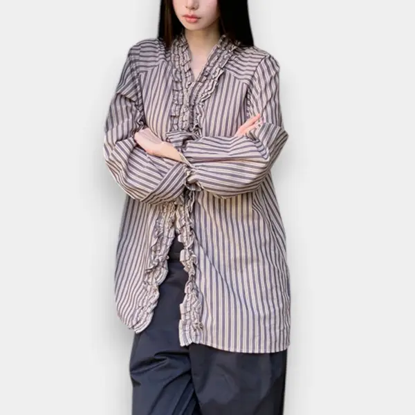Ruffled V-Neck Striped Cotton Shirt image 3