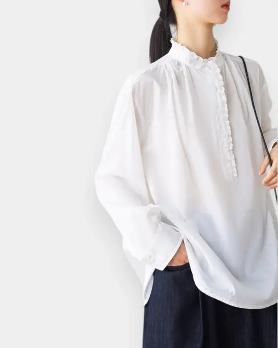 Pleated Lace Shirt – Breathable Cotton & Romantic Half-Placket image 5