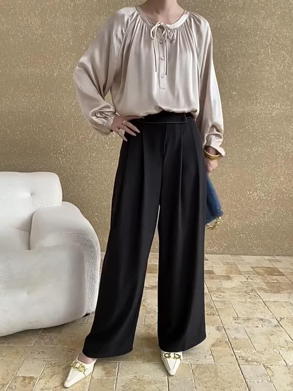 Wide-Leg Pleated Pants with Velcro High Waist image 5