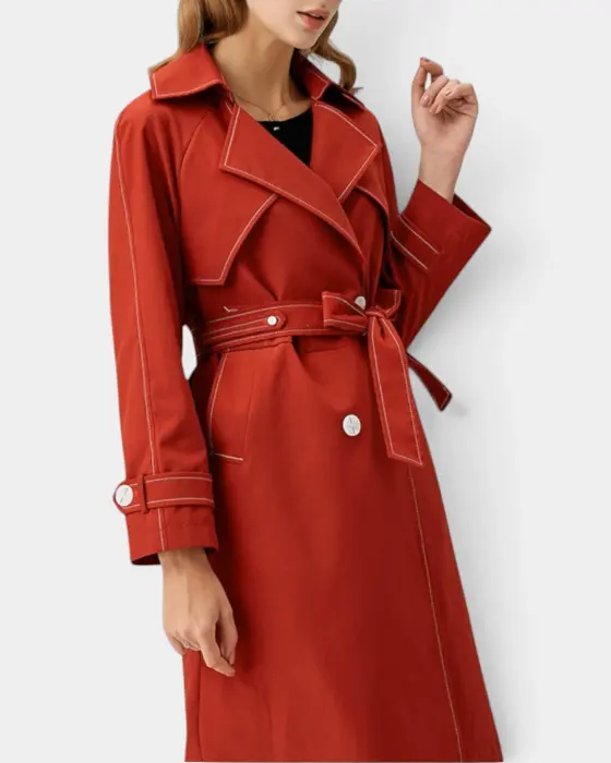 Double-Breasted Trench Coat with Contrast Stitching and Belt image 3