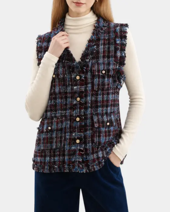 Plaid Tweed Vest – Chanel-Inspired Texture with Frayed Finish image 2