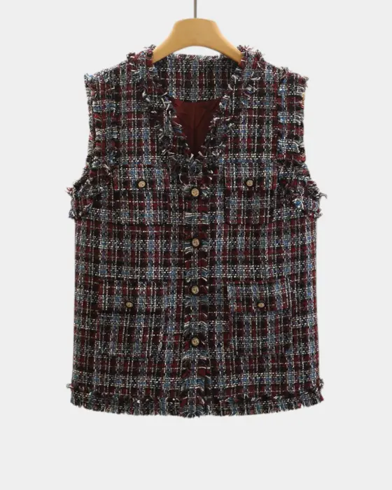 Plaid Tweed Vest – Chanel-Inspired Texture with Frayed Finish image 5