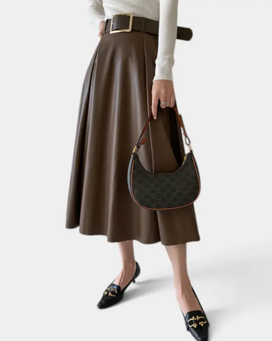 High Waist Faux Leather Flared Skirt with Belt image 0