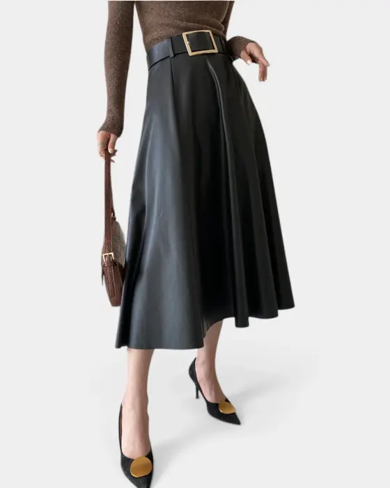 High Waist Faux Leather Flared Skirt with Belt image 1