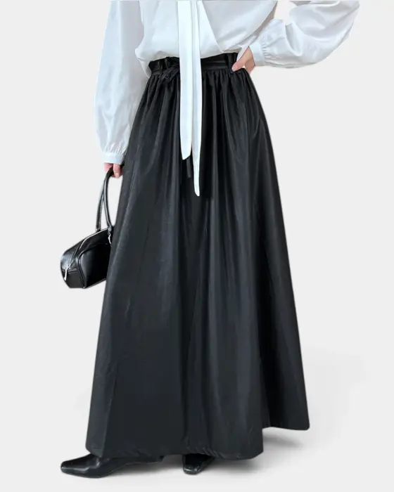High-Waisted PU Leather Maxi Skirt with Belt Detail image 2