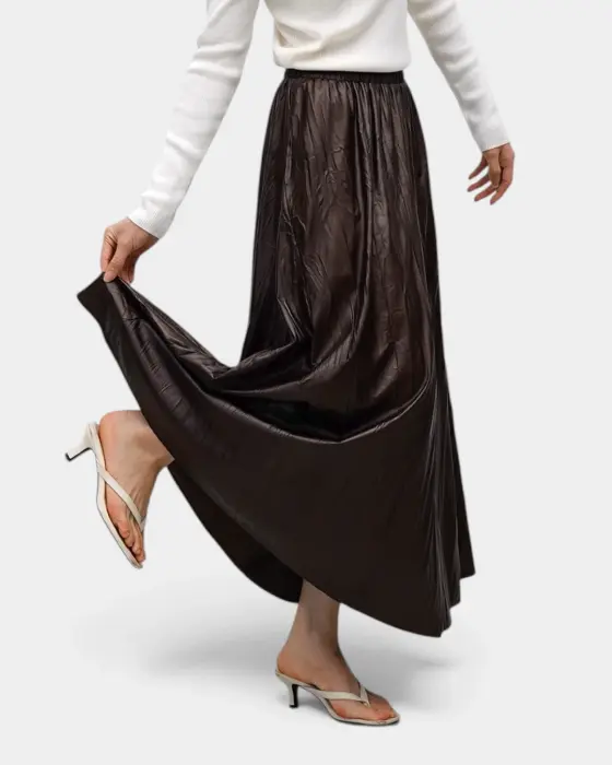 Glossy Pleated Flared Midi Skirt with Elastic Waistband image 5