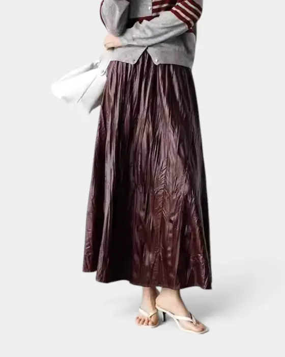Glossy Pleated Flared Midi Skirt with Elastic Waistband image 0