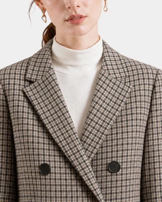 Plaid Wool Blend Coat with Houndstooth Pattern image 4