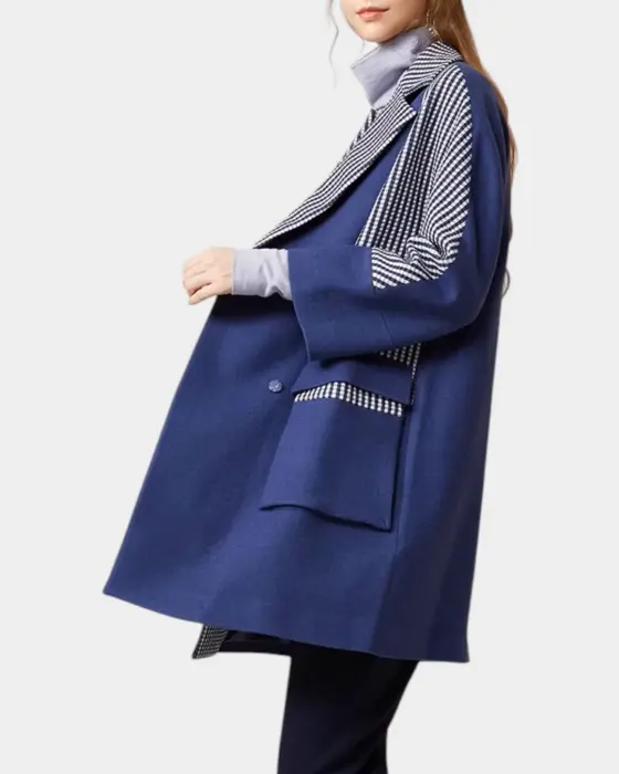 Wool Blend Coat with Plaid Contrast and Snap Closure image 4