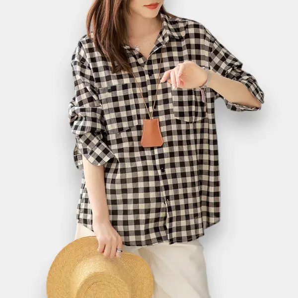 Checkerboard Cotton Casual Loose Shirt / Black Plaid / Free Size image 4