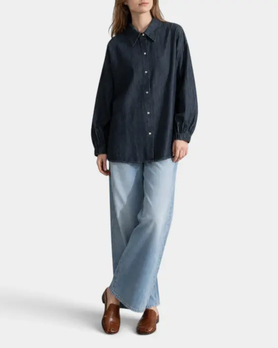 Korean Cotton Denim Lantern Sleeve Shirt / Denim Navy / Free Size image 1
