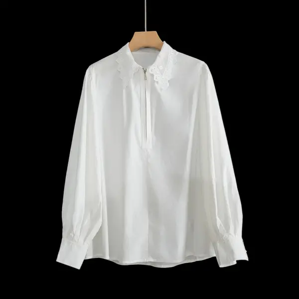 French Vintage Lace Lapel Cotton Shirt / Pure White / Free Size image 5