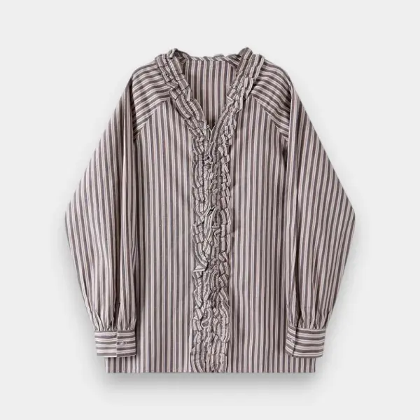 Ruffled V-Neck Striped Cotton Shirt image 5