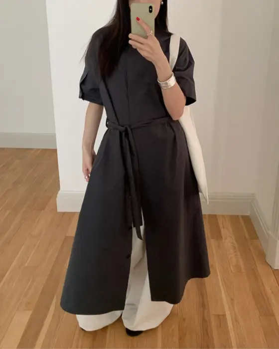 Organic Cotton Stand-Up Collar Dress with Belt-Navy Blue-Free Size image 3