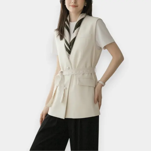 Vest with Lace Trim with Belt and Pearl Buttons / Pearl Cream / Free Size image 5