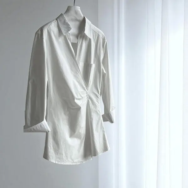Wrap-Style Cotton Shirt with Gathered Waist image 8