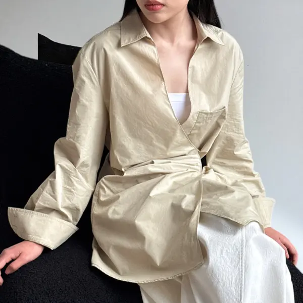 Wrap-Style Cotton Shirt with Gathered Waist image 4