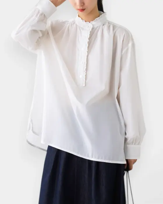 Pleated Lace Shirt – Breathable Cotton & Romantic Half-Placket image 3
