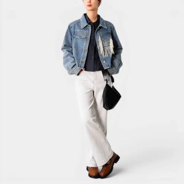 Indigo Denim Short Jacket with Tassel Details on Chest Pocket image 1