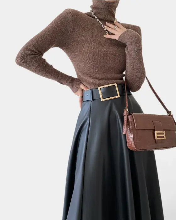 High Waist Faux Leather Flared Skirt with Belt image 8