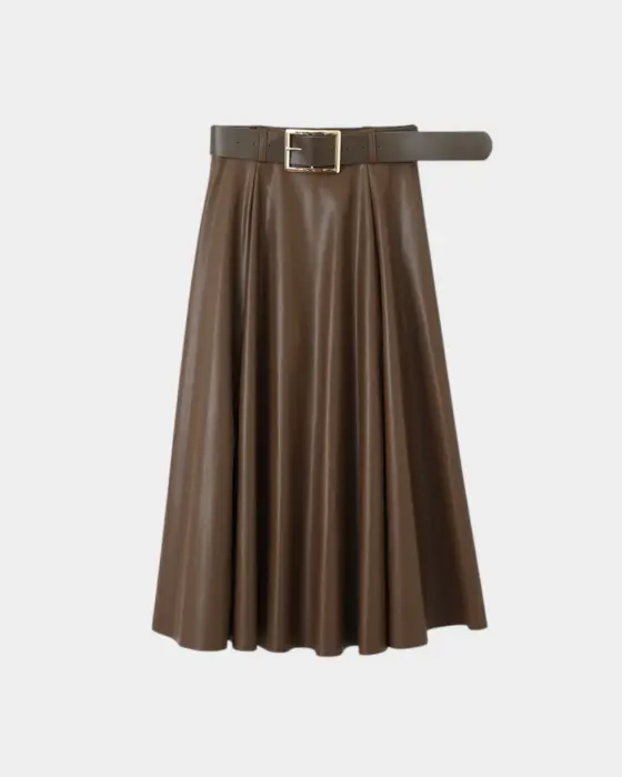 High Waist Faux Leather Flared Skirt with Belt image 9