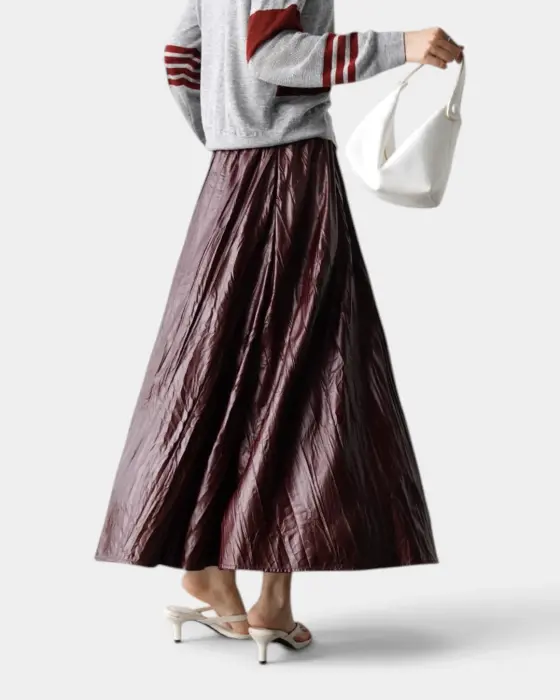Glossy Pleated Flared Midi Skirt with Elastic Waistband image 6