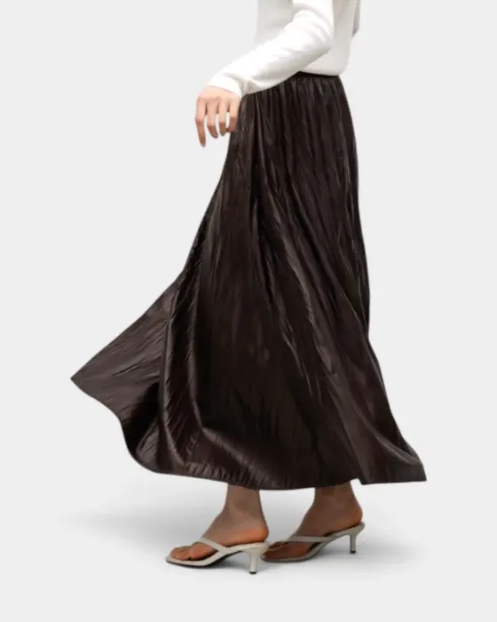 Glossy Pleated Flared Midi Skirt with Elastic Waistband image 1